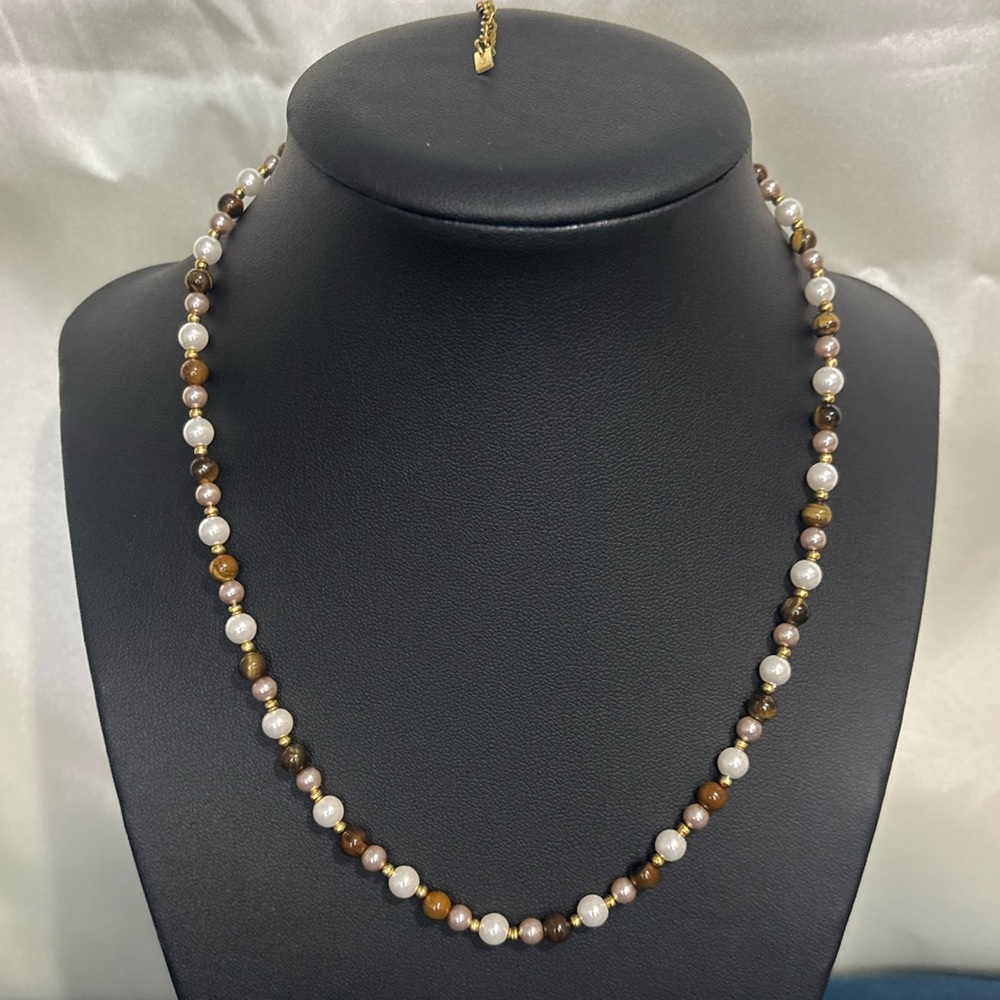 New Elegant Brown Marble and White Beaded Necklace